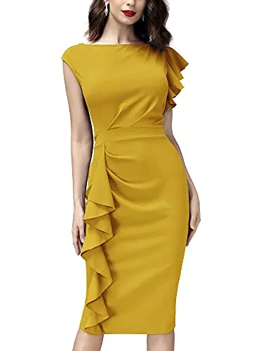 AISIZE Women's Pinup Vintage Ruffle Sleeves Cocktail Party Pencil Dress Small Pink