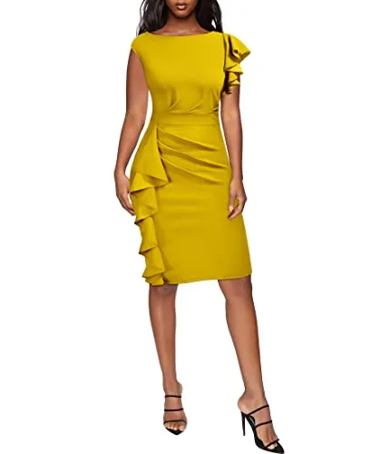 AISIZE Women's Pinup Vintage Ruffle Sleeves Cocktail Party Pencil Dress Small Pink