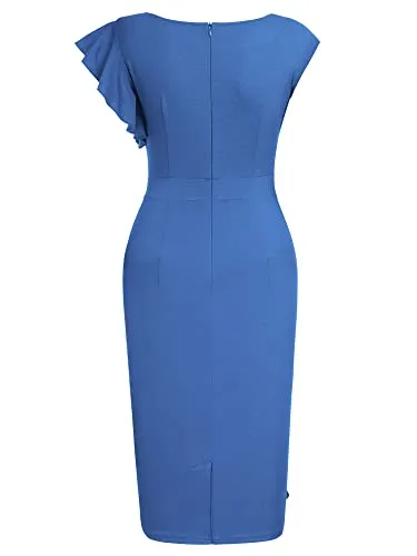 AISIZE Women's Pinup Vintage Ruffle Sleeves Cocktail Party Pencil Dress Small Pink