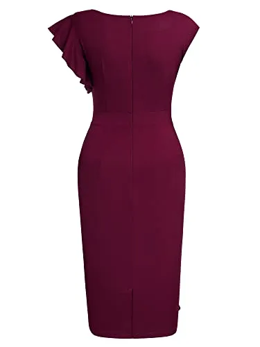 AISIZE Women's Pinup Vintage Ruffle Sleeves Cocktail Party Pencil Dress Small Pink