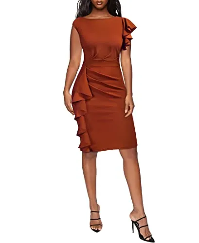 AISIZE Women's Pinup Vintage Ruffle Sleeves Cocktail Party Pencil Dress Small Pink