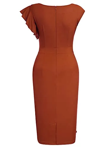 AISIZE Women's Pinup Vintage Ruffle Sleeves Cocktail Party Pencil Dress Small Pink