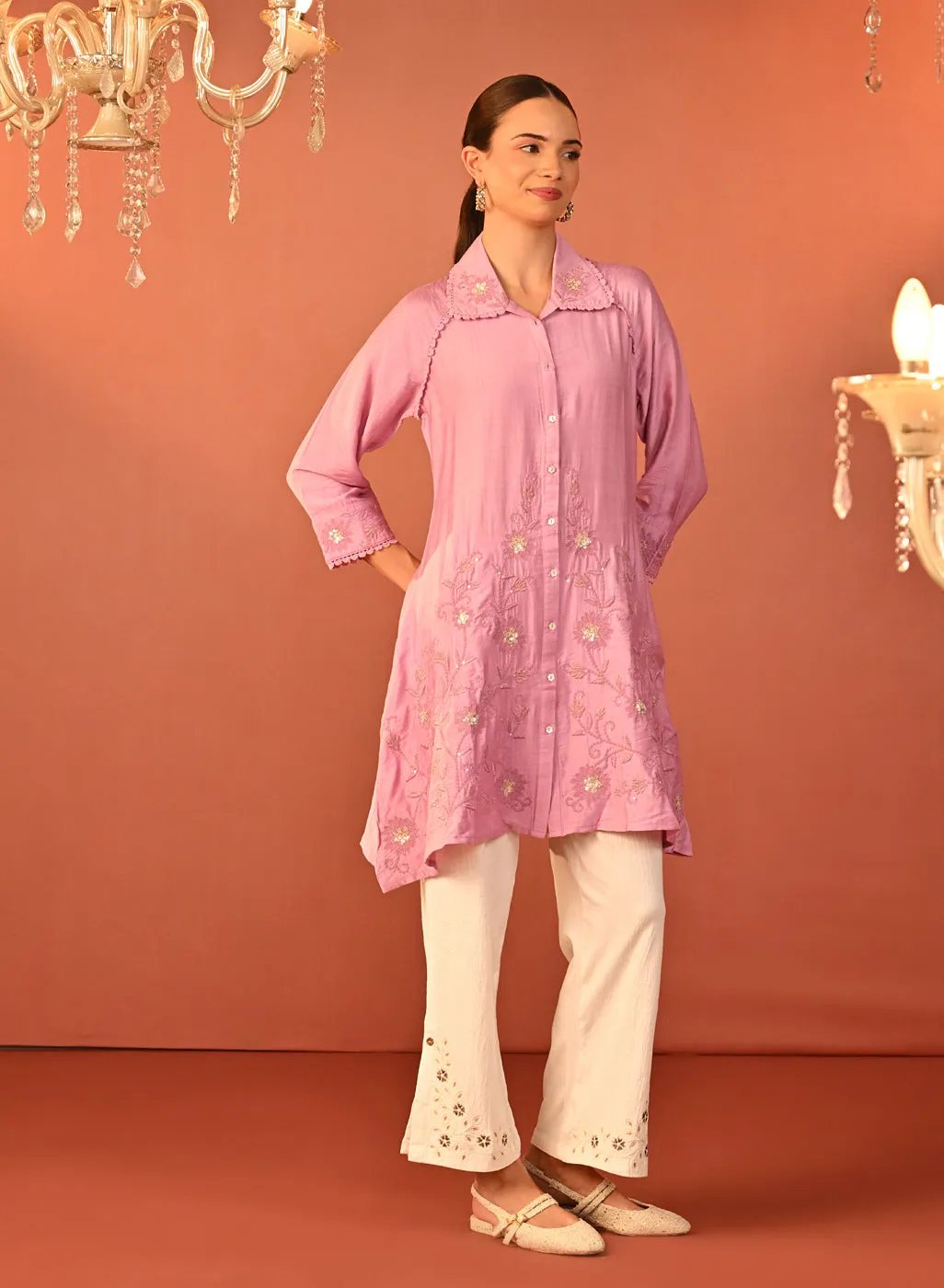 Alayssa Pink Embroidered Kurti for Women