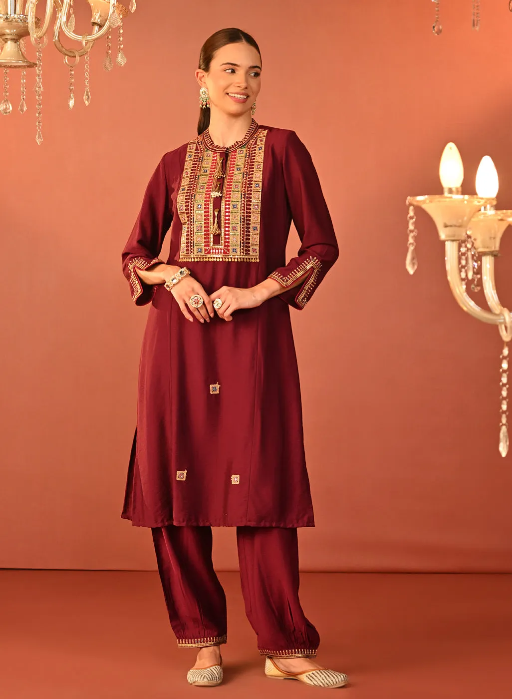 Arshia Chrome Wine Embroidered Rayon Co-ord Set for Women