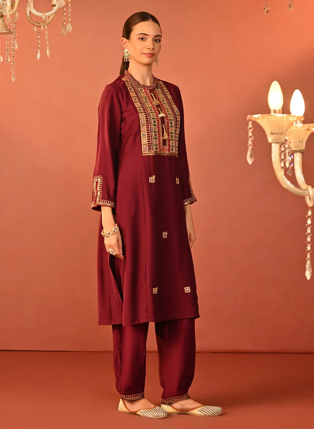 Arshia Chrome Wine Embroidered Rayon Co-ord Set for Women