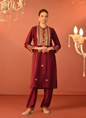 Arshia Chrome Wine Embroidered Rayon Co-ord Set for Women