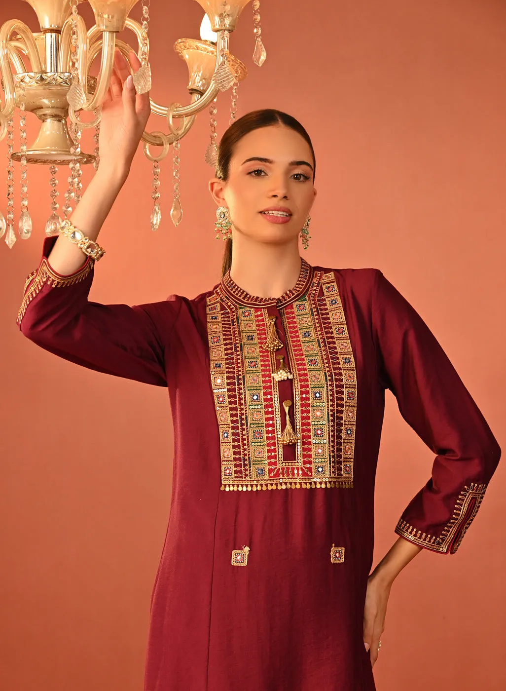 Arshia Chrome Wine Embroidered Rayon Co-ord Set for Women