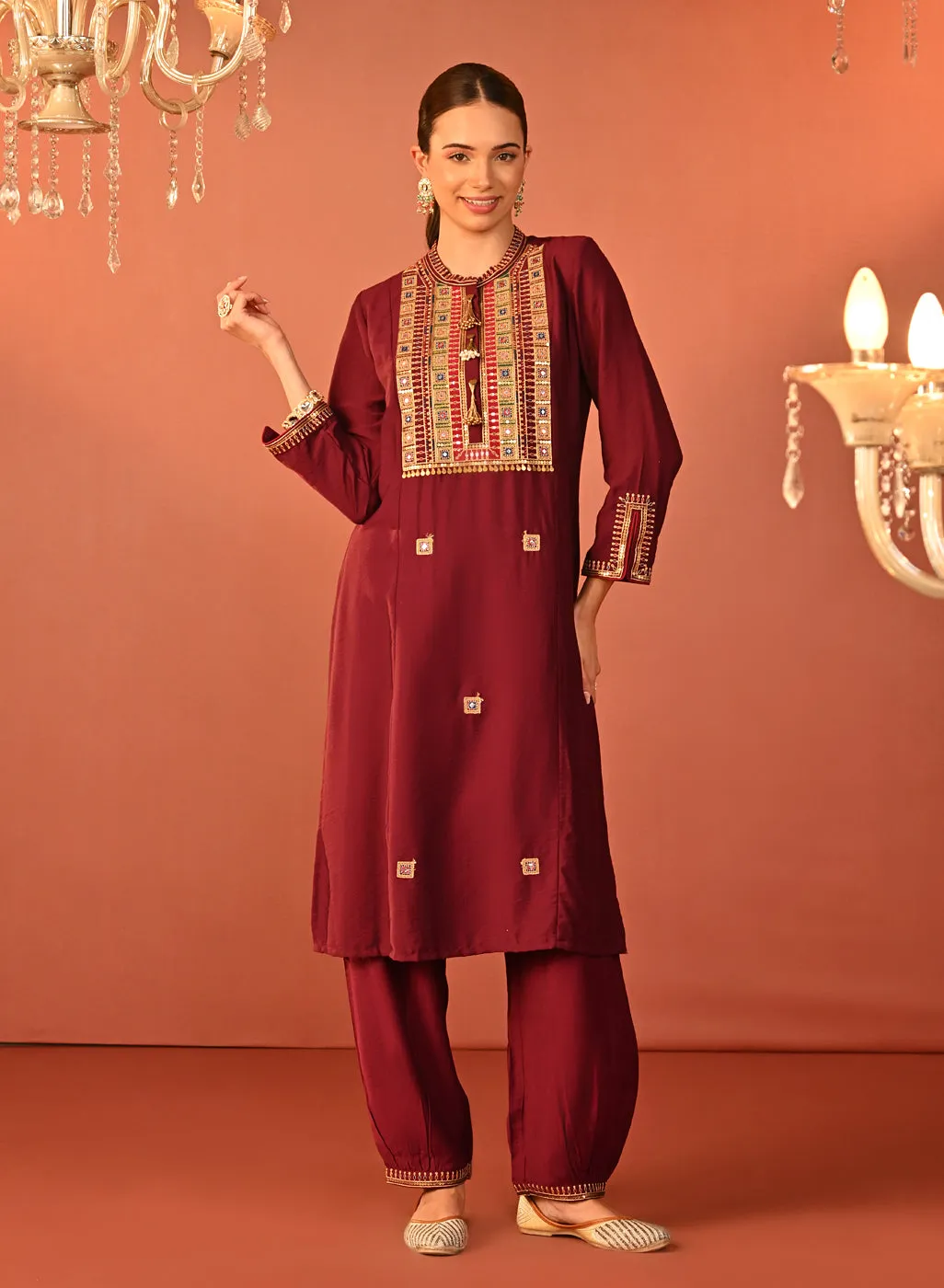 Arshia Chrome Wine Embroidered Rayon Co-ord Set for Women