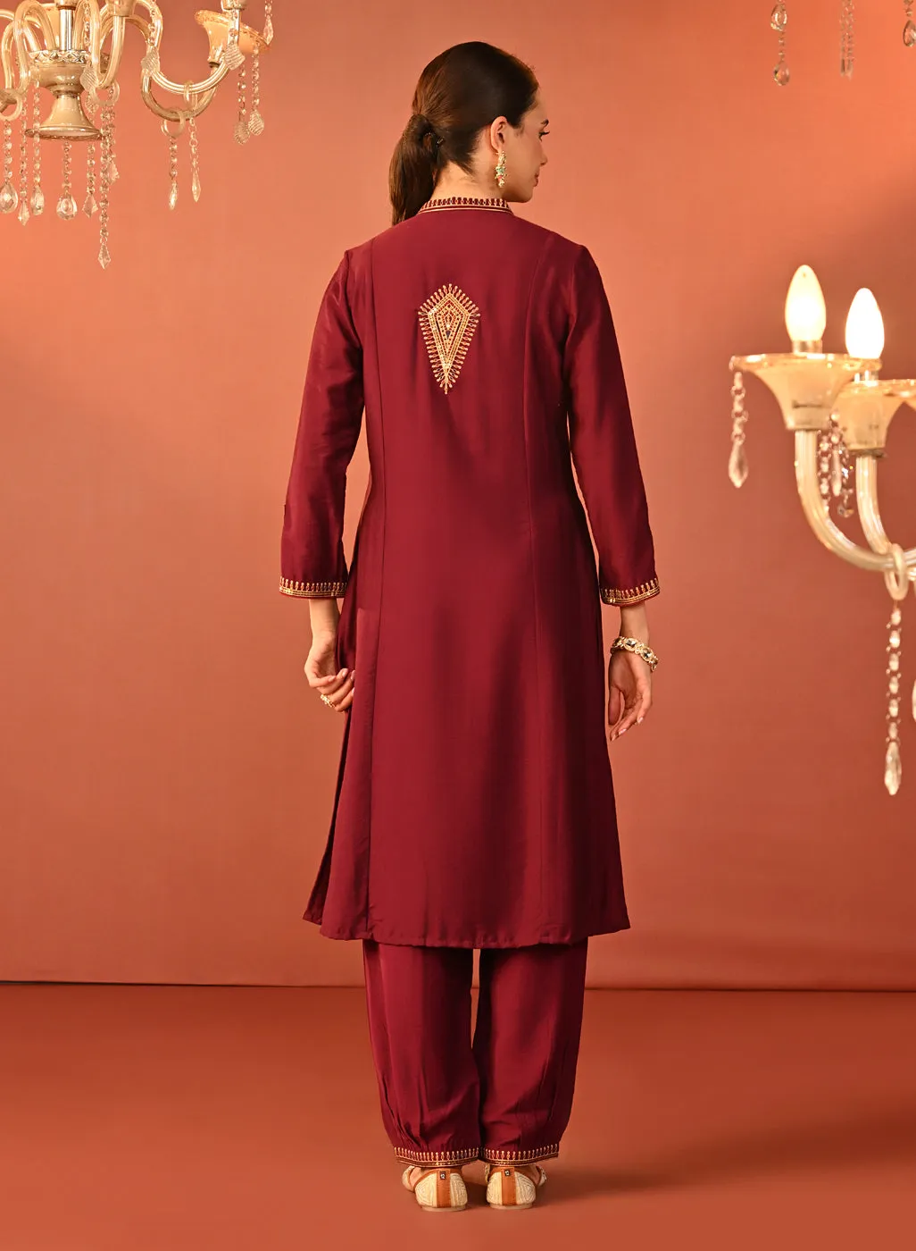 Arshia Chrome Wine Embroidered Rayon Co-ord Set for Women