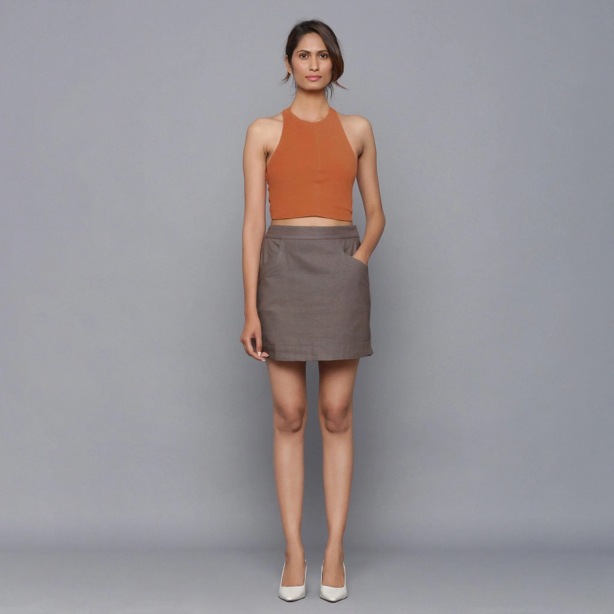 Ash Grey Warm Cotton Flannel Mini Pencil Skirt