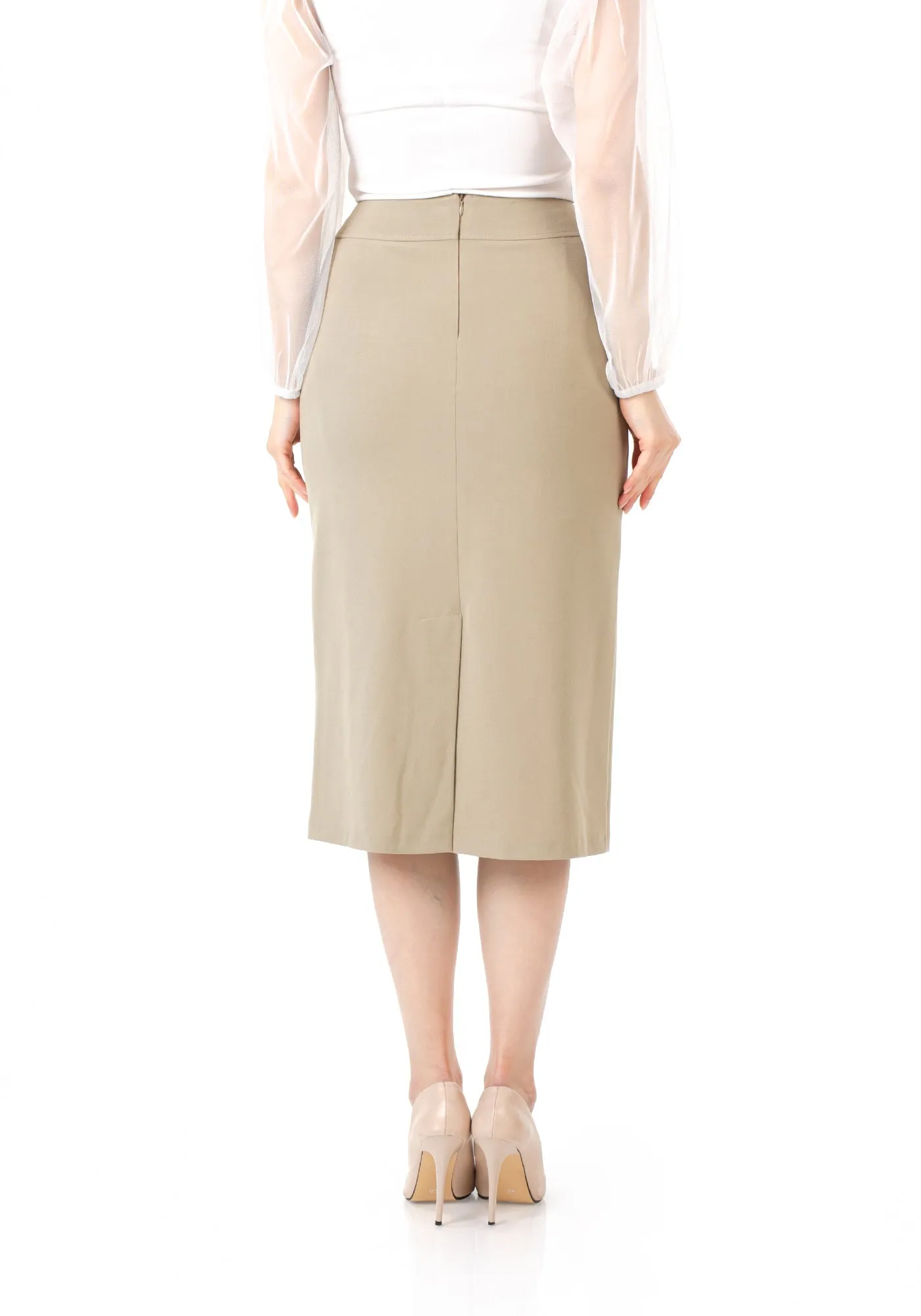 Beige Back Vented Midi Pencil Skirt - G-Line