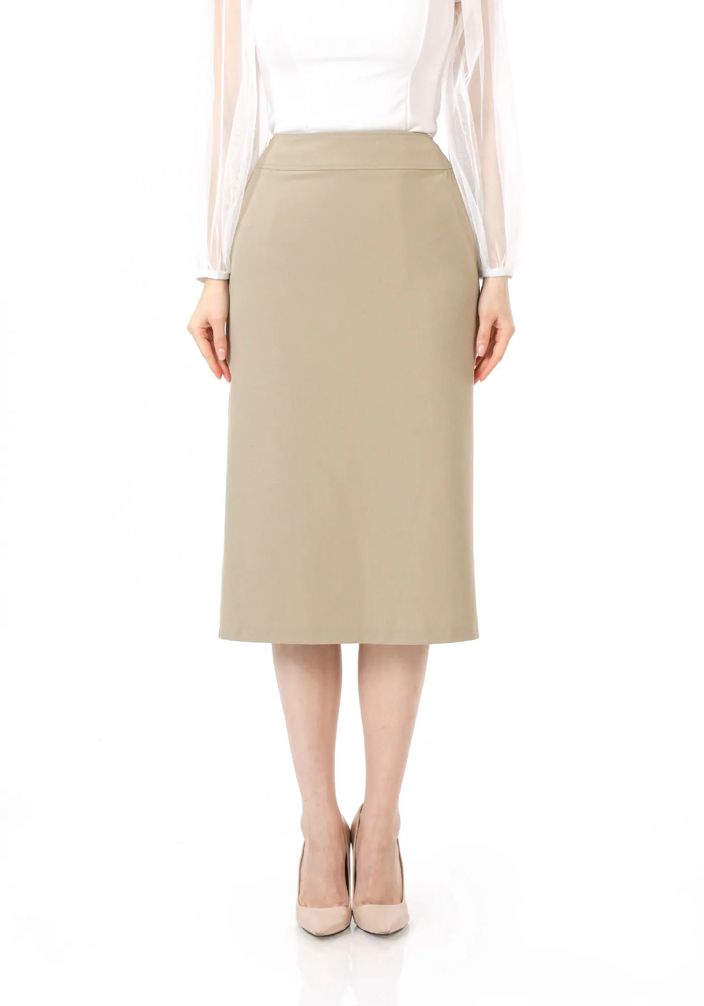 Beige Back Vented Midi Pencil Skirt - G-Line