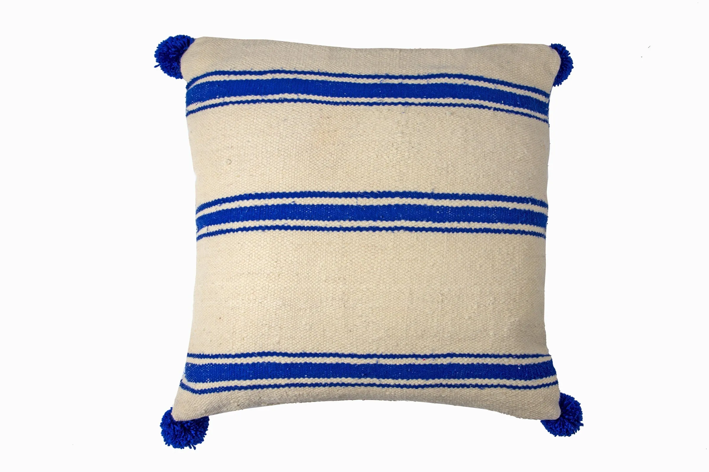 BERBER WOOL POM POM CUSHION BLUE STRIPE LARGE SQUARE