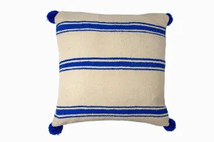 BERBER WOOL POM POM CUSHION BLUE STRIPE LARGE SQUARE