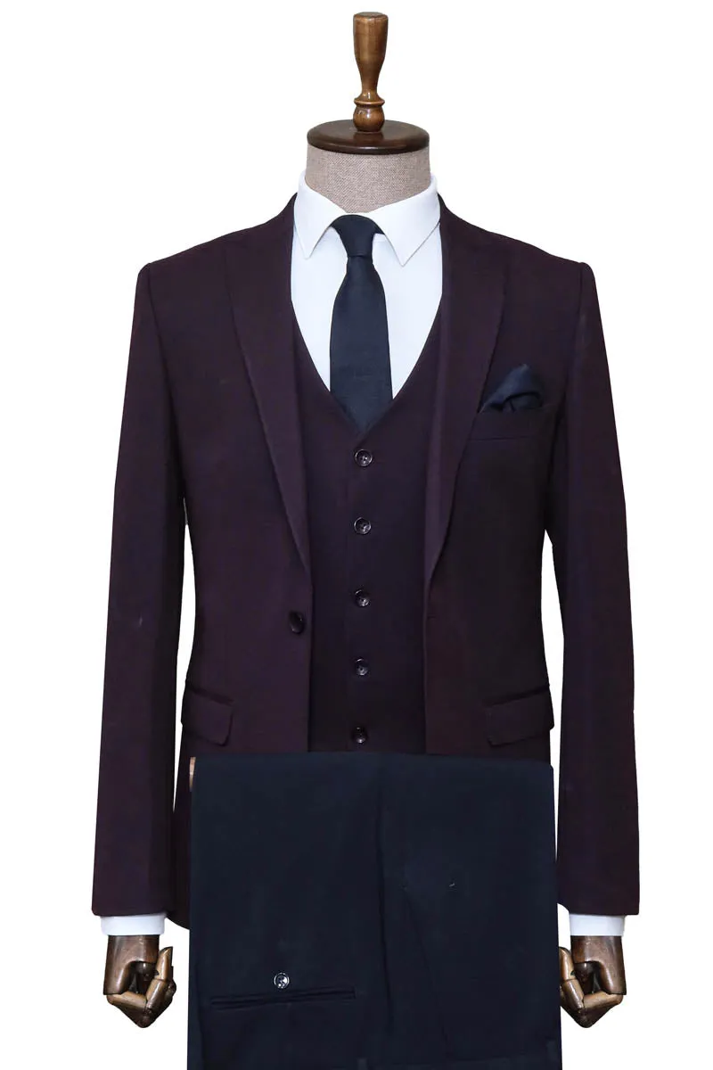 Burgundy Slim Fit Suit, White Shirt, and Navy Blue Tie Modern Classic Look - Wessi
