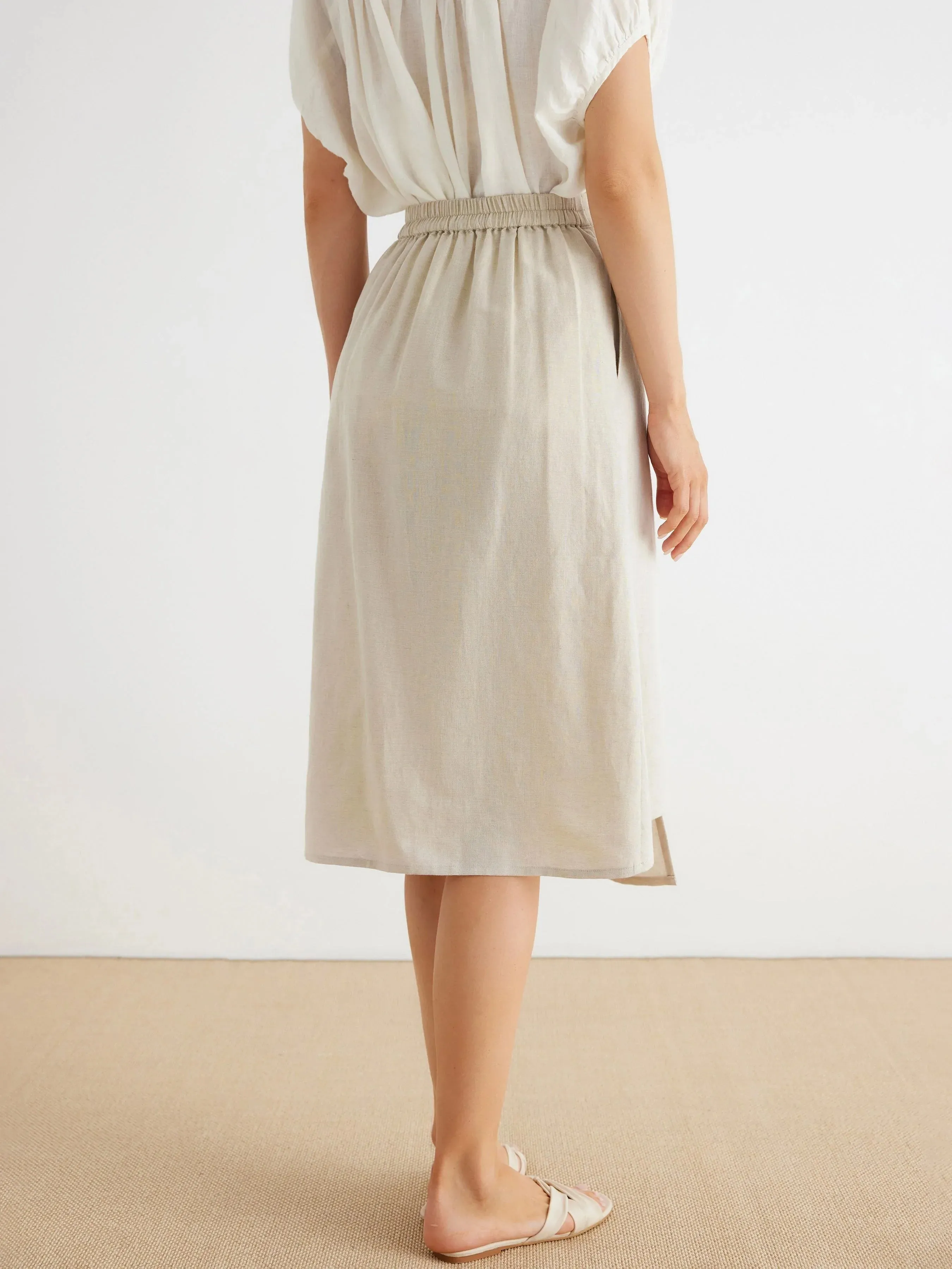 Charlie Linen Asymmetrical Hem Pockets Midi Skirt