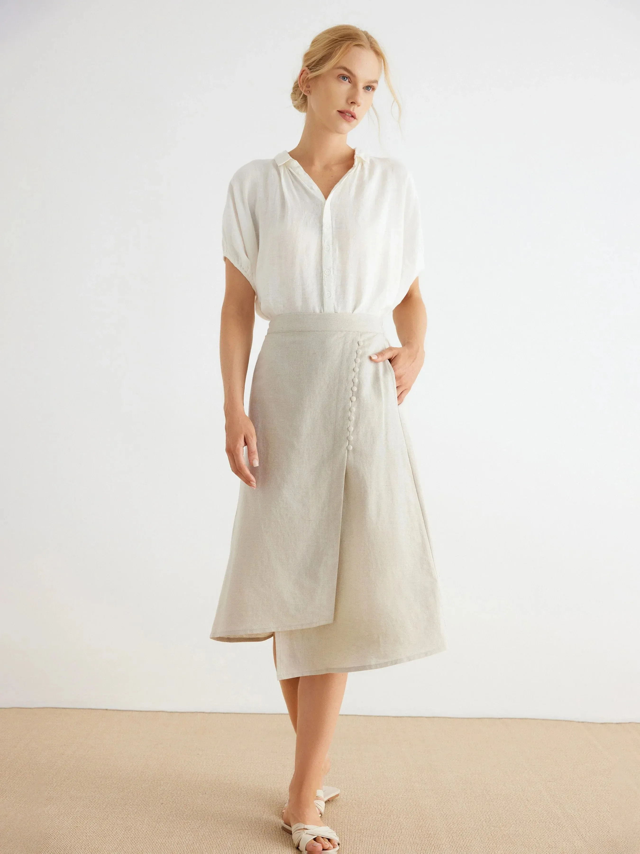 Charlie Linen Asymmetrical Hem Pockets Midi Skirt