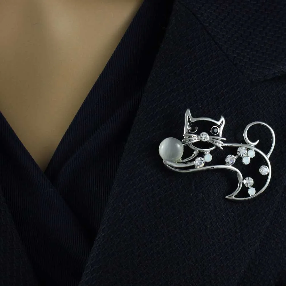 Crystal Cat with Gray Cats Eye Ball Brooch Pin - PRC022