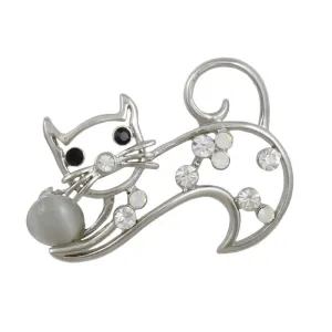 Crystal Cat with Gray Cats Eye Ball Brooch Pin - PRC022