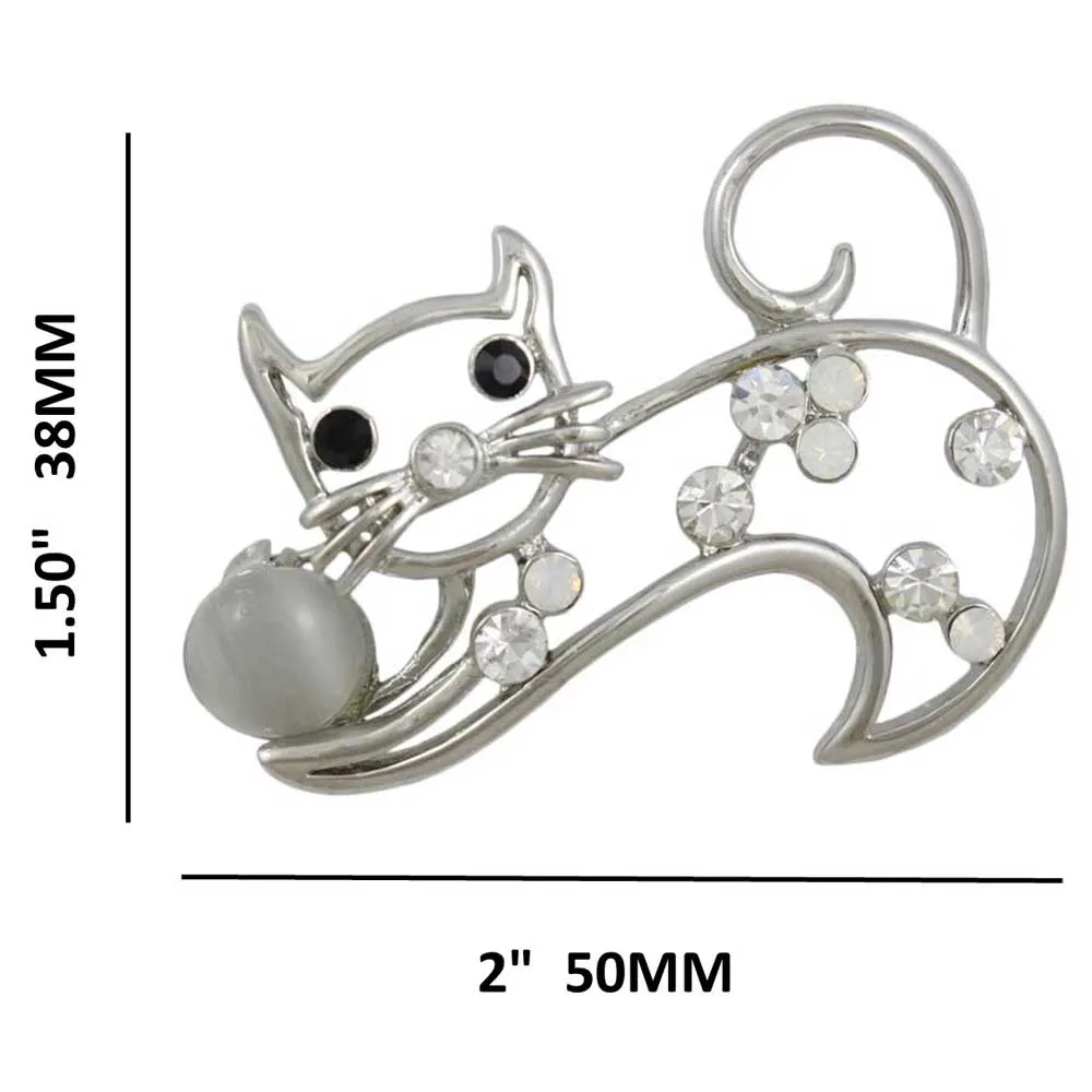 Crystal Cat with Gray Cats Eye Ball Brooch Pin - PRC022