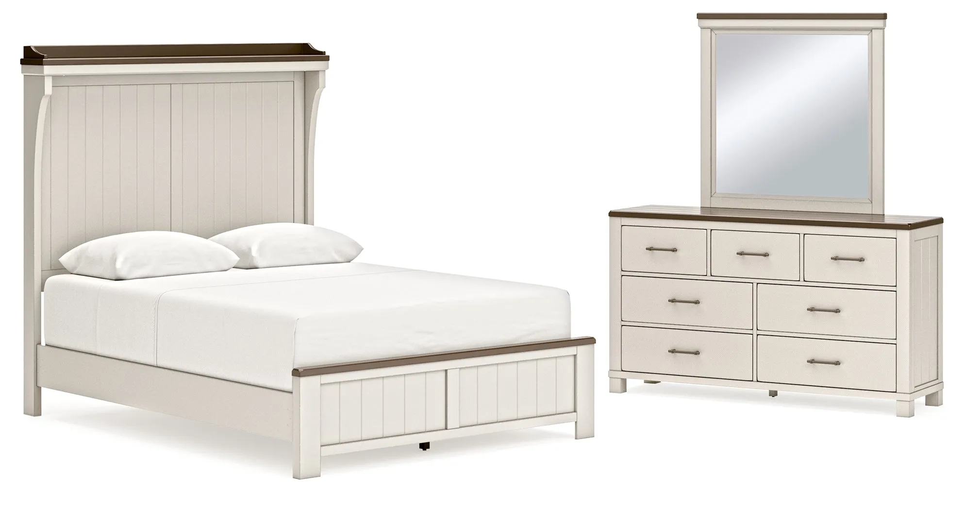 Darborn Queen Panel Bed with Mirrored Dresser in Gray/Brown