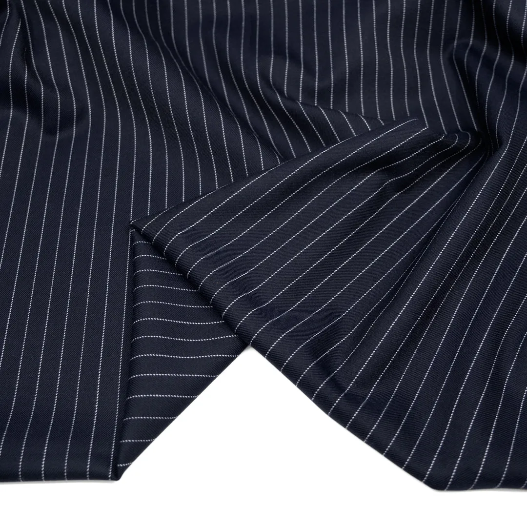 Deadstock Chalk Stripe Wool Poly Stretch Suiting - Midnight Blue/White