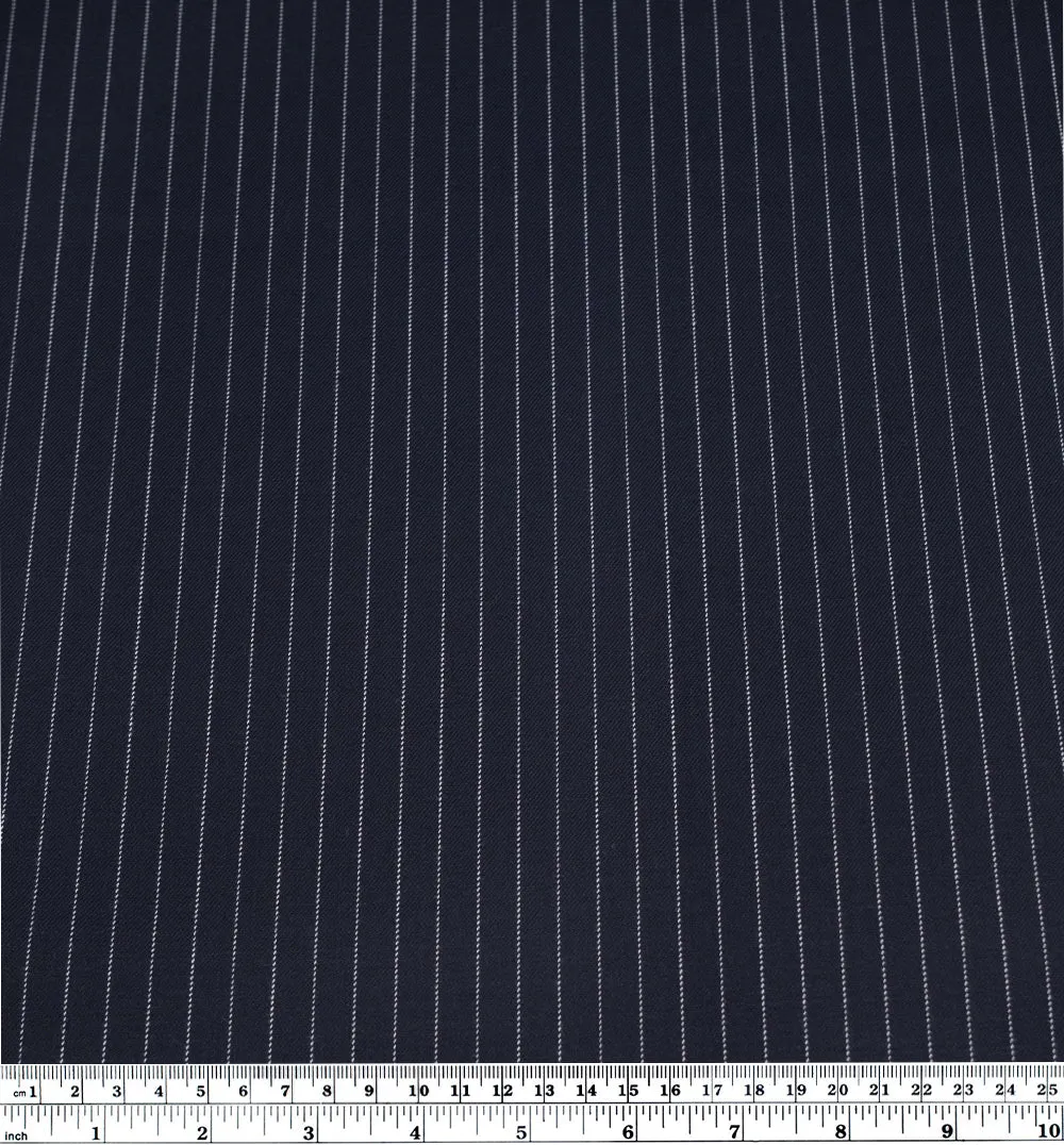Deadstock Chalk Stripe Wool Poly Stretch Suiting - Midnight Blue/White