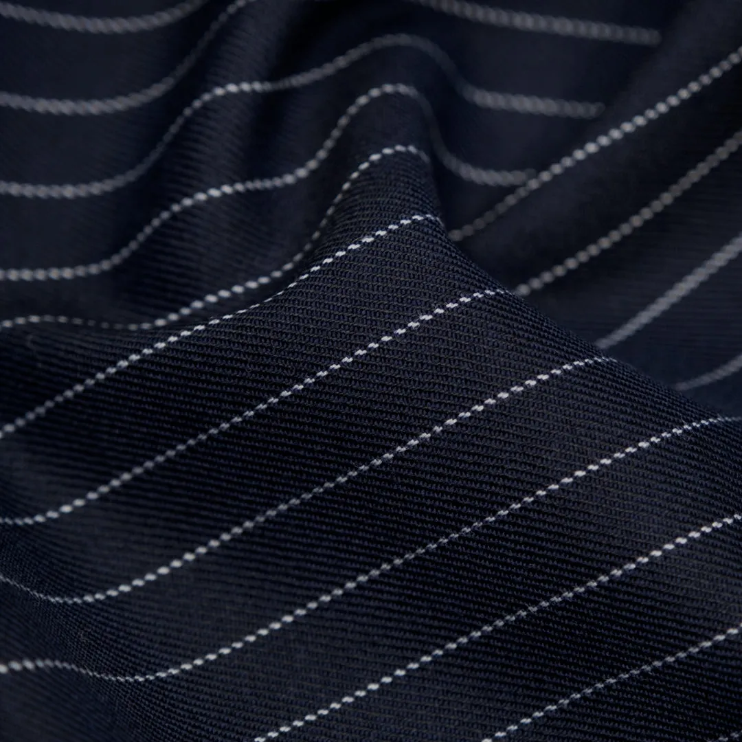 Deadstock Chalk Stripe Wool Poly Stretch Suiting - Midnight Blue/White