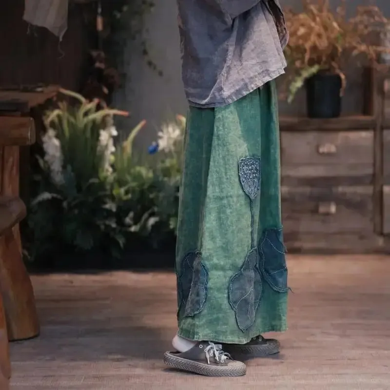 Elastic Waist Skirt Linen A-Line Skirt with Vintage Patch Details