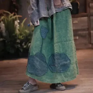 Elastic Waist Skirt Linen A-Line Skirt with Vintage Patch Details