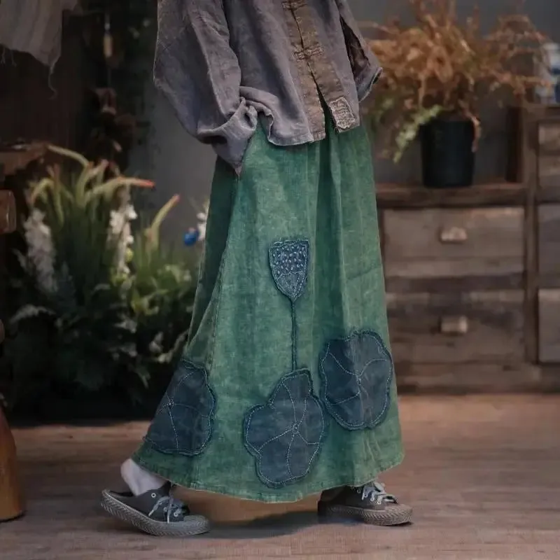 Elastic Waist Skirt Linen A-Line Skirt with Vintage Patch Details