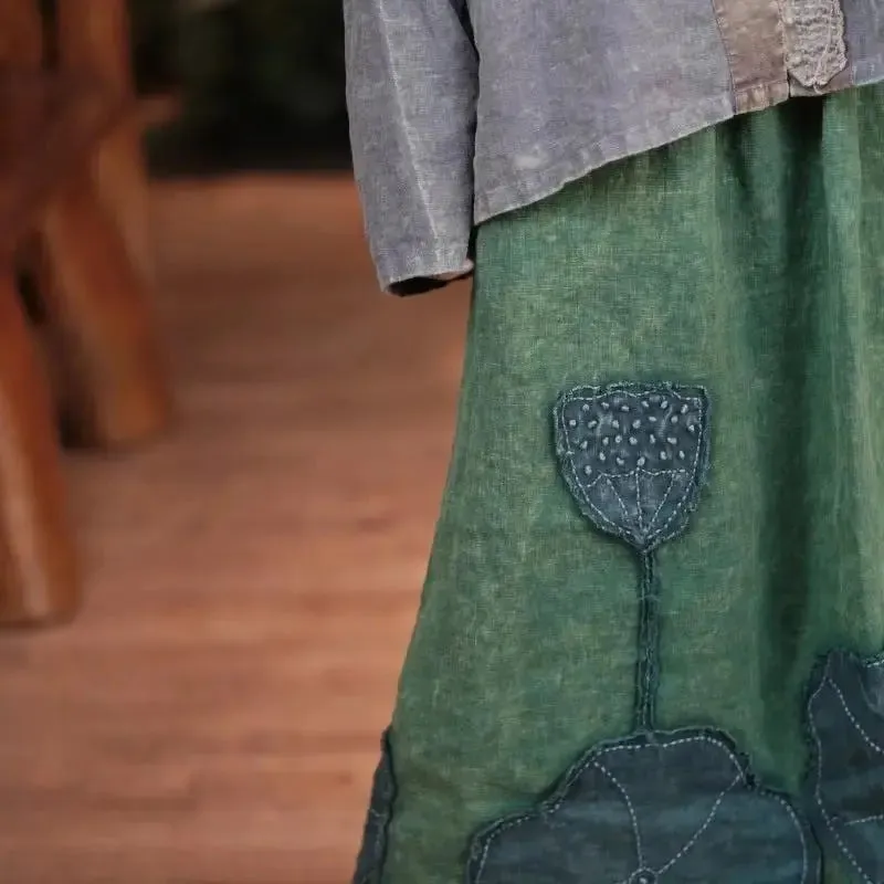Elastic Waist Skirt Linen A-Line Skirt with Vintage Patch Details