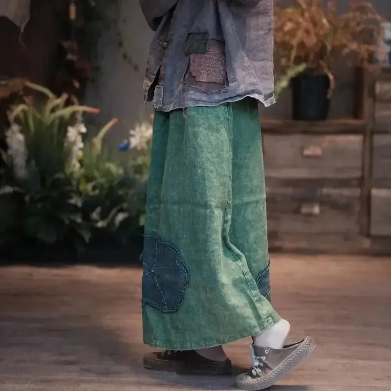 Elastic Waist Skirt Linen A-Line Skirt with Vintage Patch Details