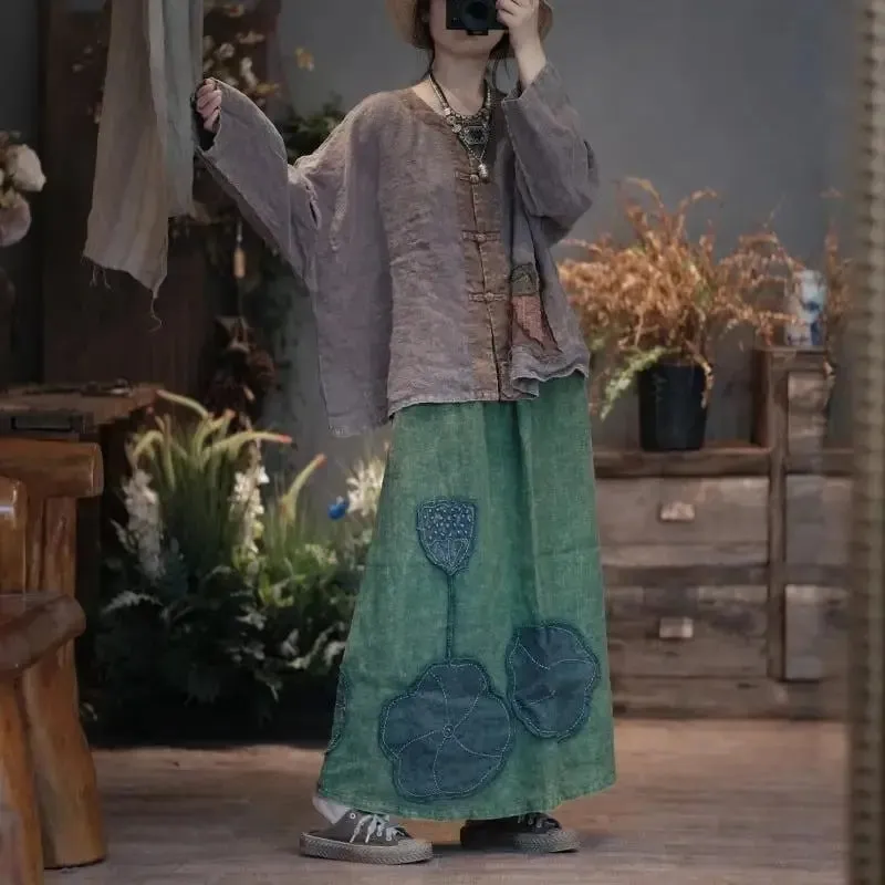 Elastic Waist Skirt Linen A-Line Skirt with Vintage Patch Details
