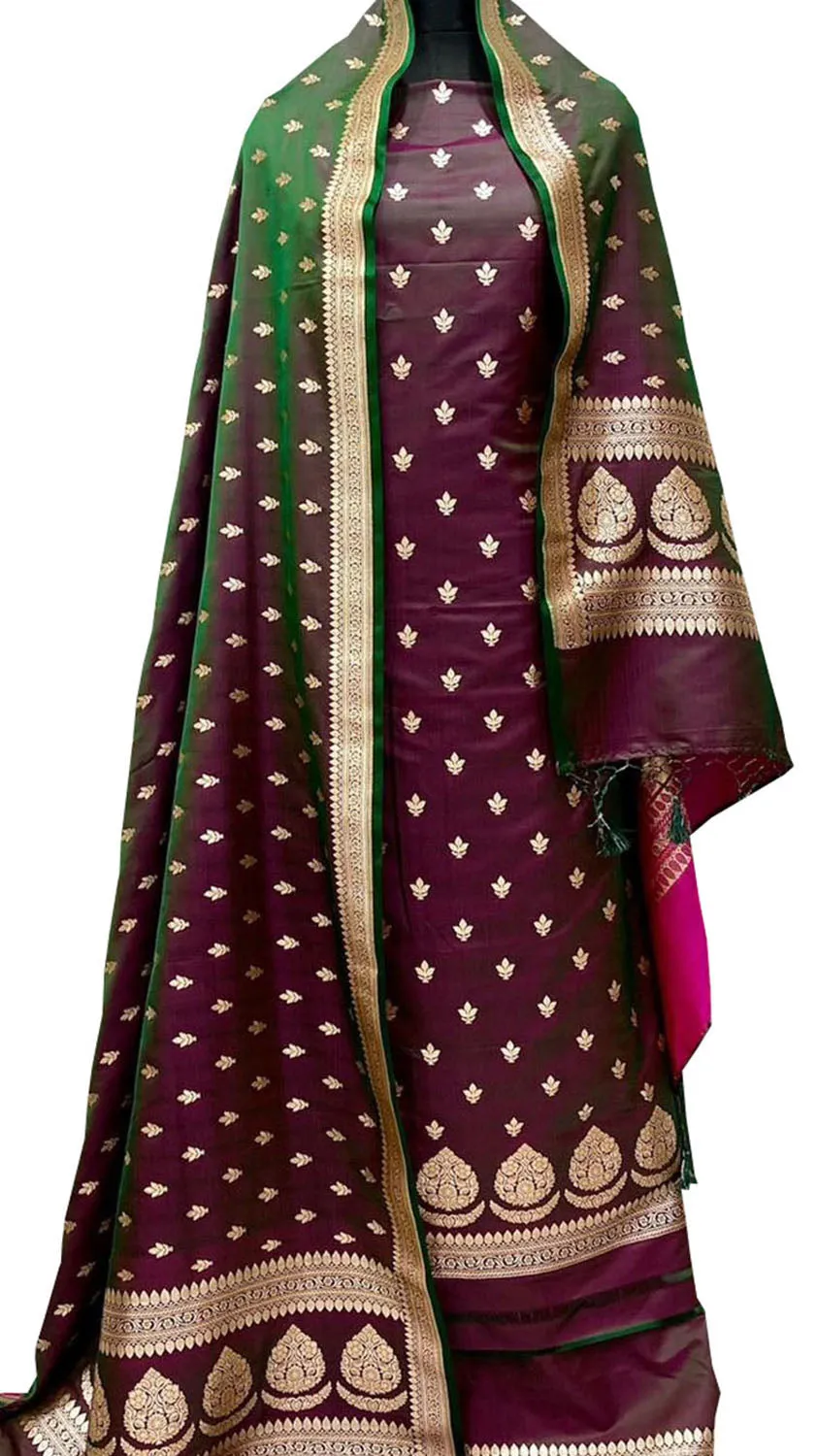 Elegant Maroon & Green Banarasi Silk Suit Set