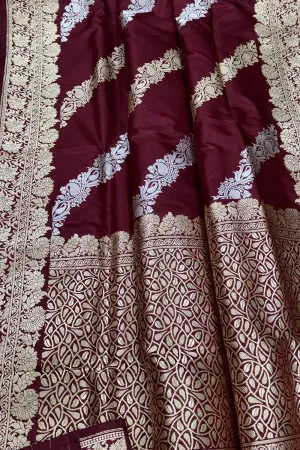 Elegant Maroon Banarasi Silk Saree: Handloom Katan Silk