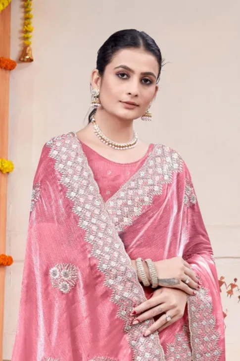 Embroidered Burberry Chiffon Pink Saree