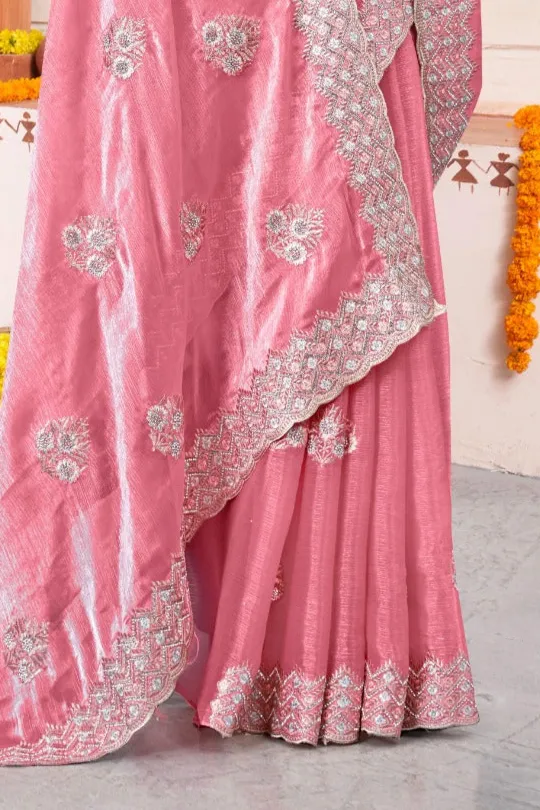Embroidered Burberry Chiffon Pink Saree