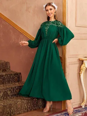 Floral Embroidered Mesh Yoke Lantern Sleeve Ruched Dress