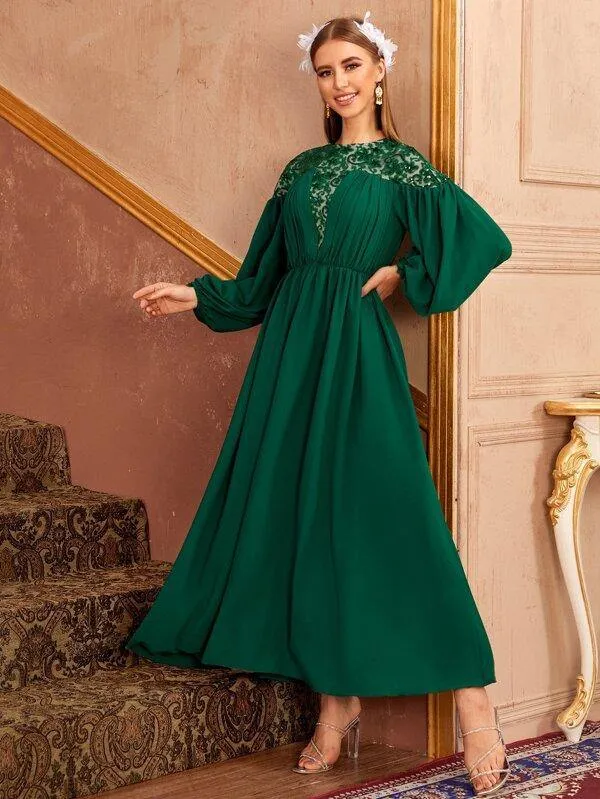 Floral Embroidered Mesh Yoke Lantern Sleeve Ruched Dress