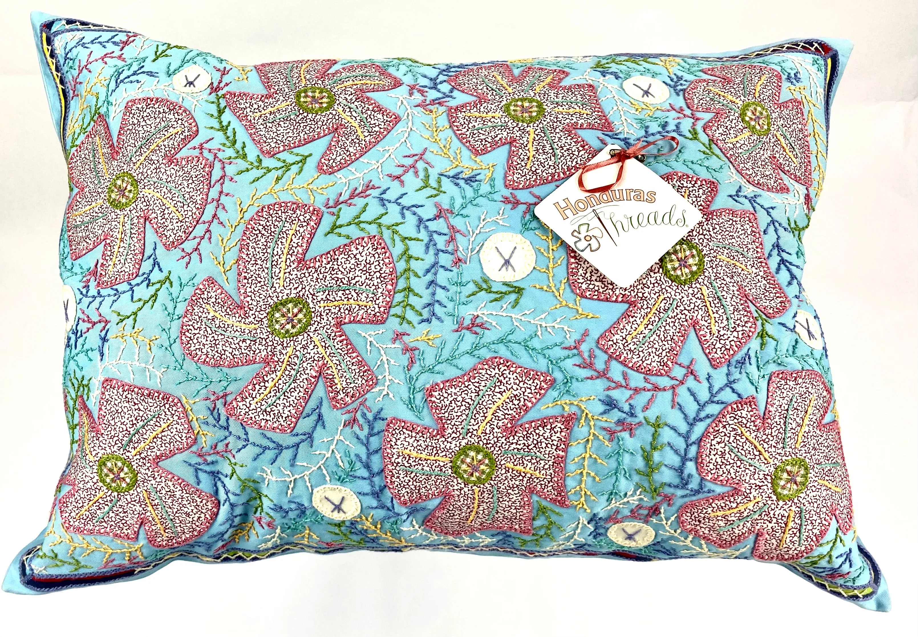 Flores Design Embroidered Pillow on aqua