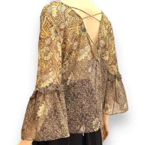 Golden Floral Flowing Flared Sleeve Blouse