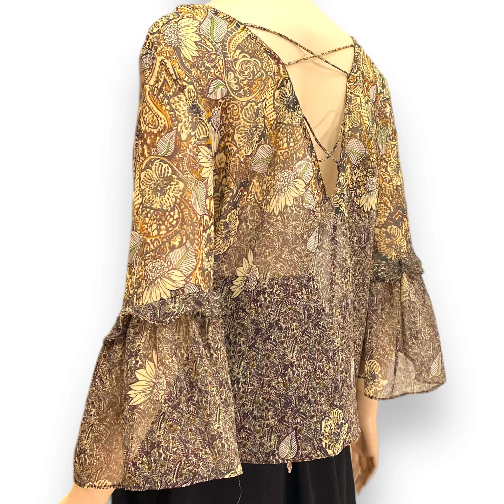 Golden Floral Flowing Flared Sleeve Blouse