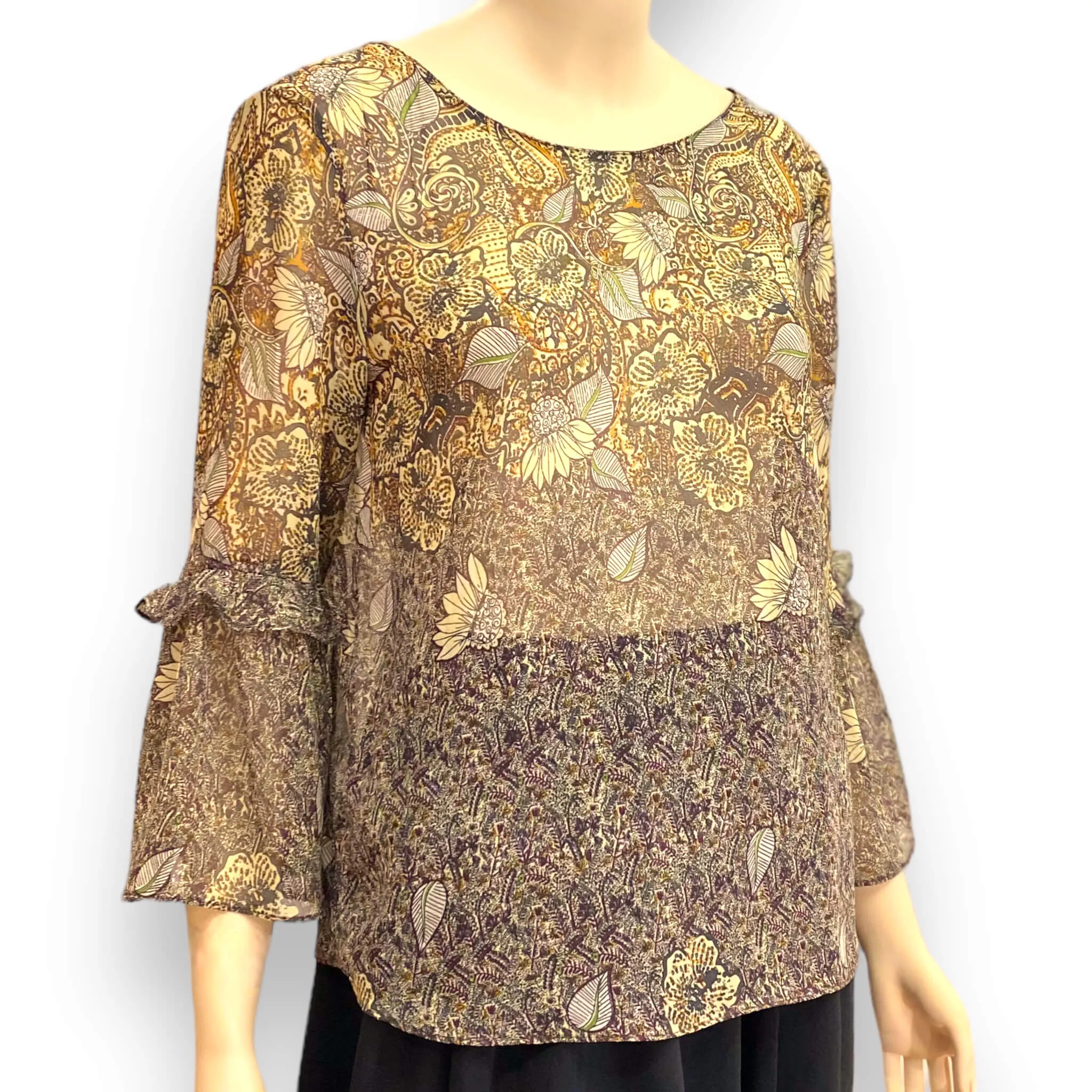 Golden Floral Flowing Flared Sleeve Blouse