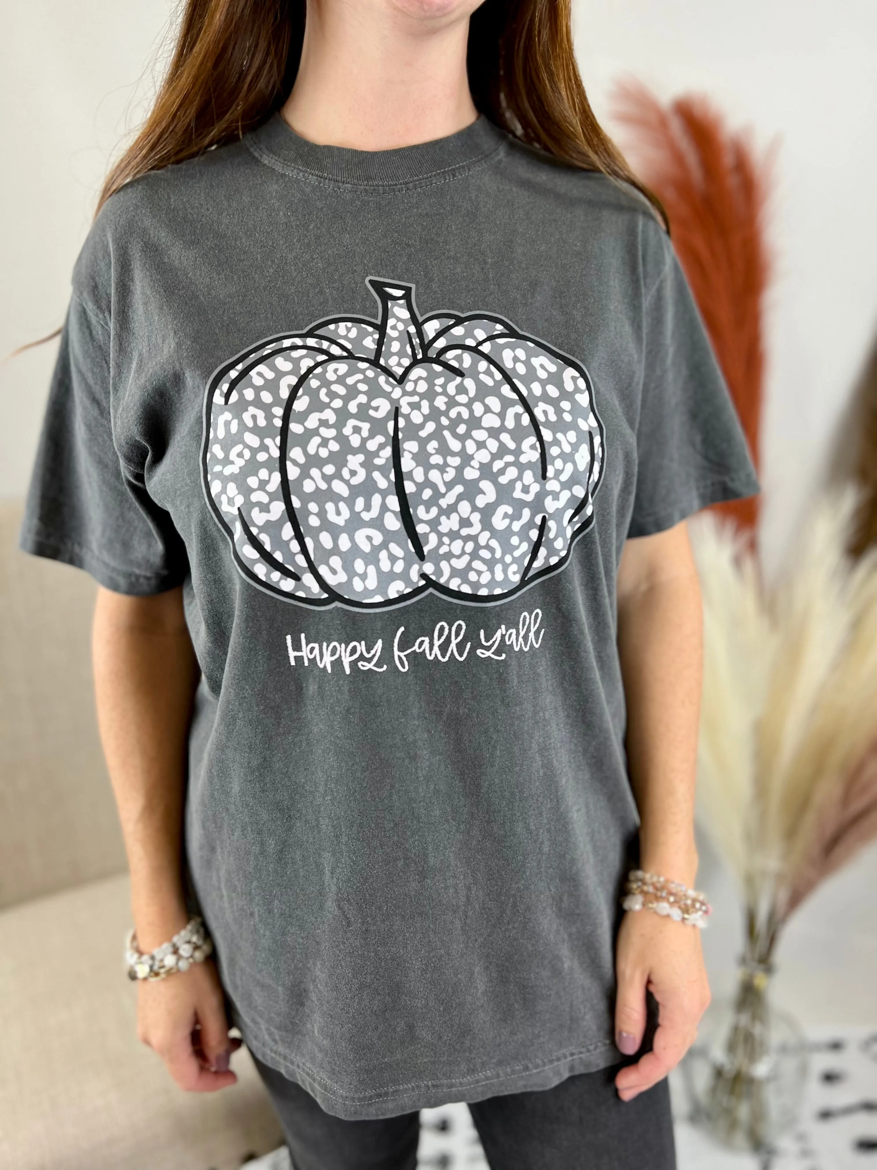 Gray Happy Fall Ya'll Leopard Pumpkin