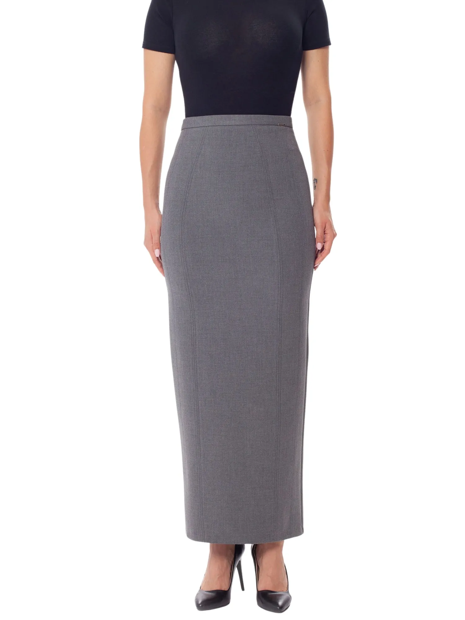 Grey Ankle Length Plus Size Back Split Maxi Skirt