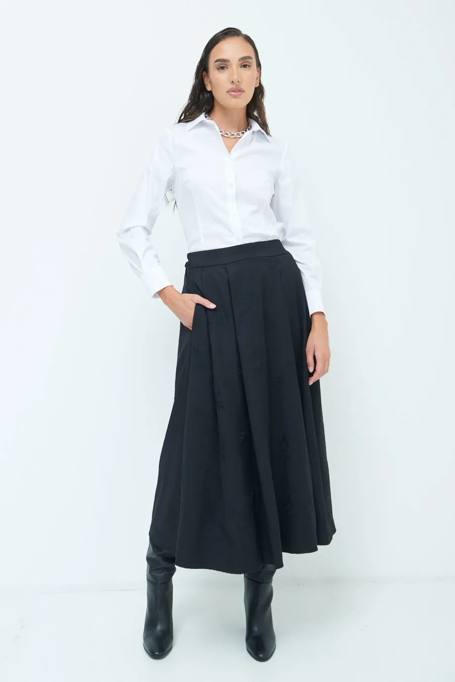 High-waisted flared midi skirt wholesale