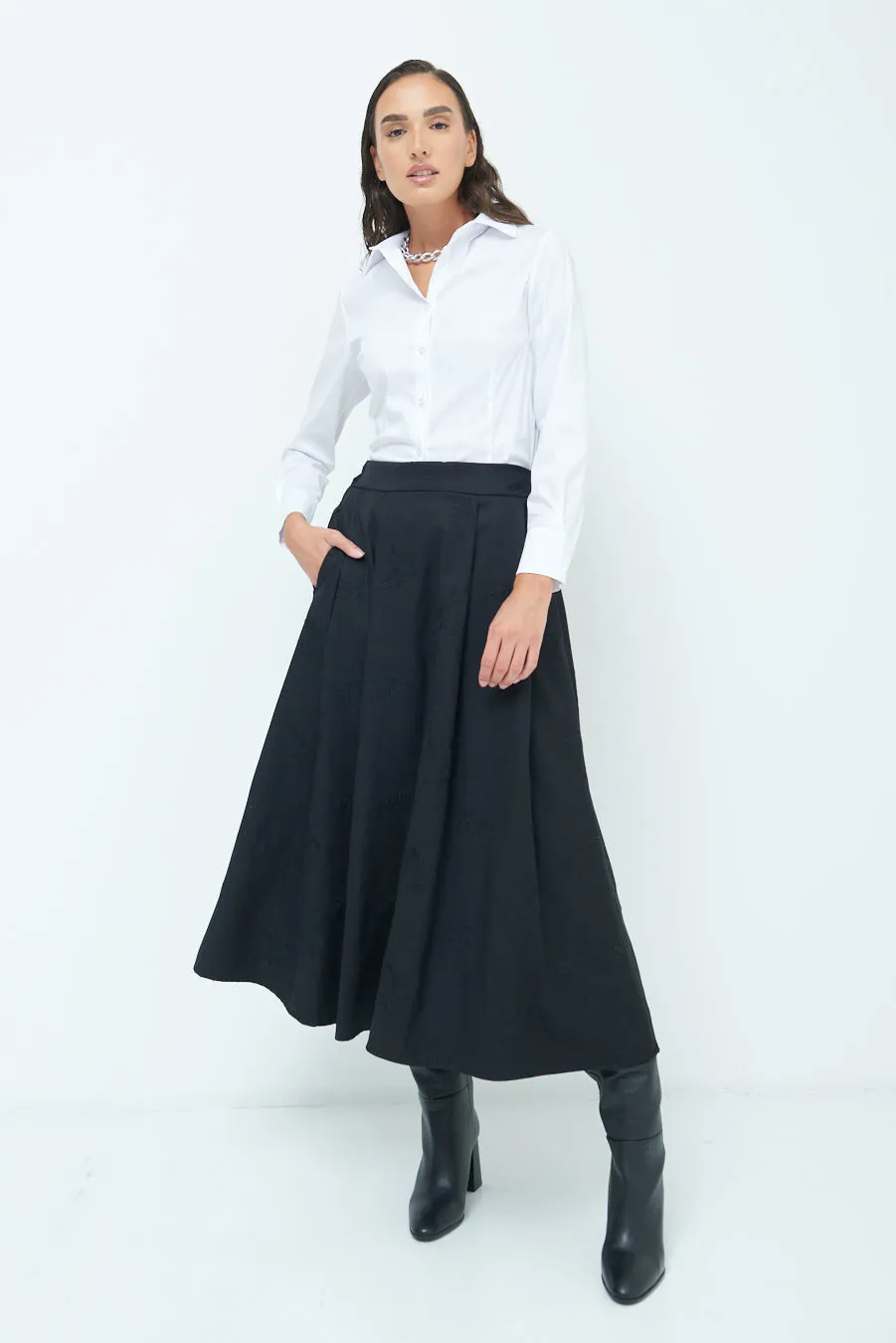 High-waisted flared midi skirt wholesale