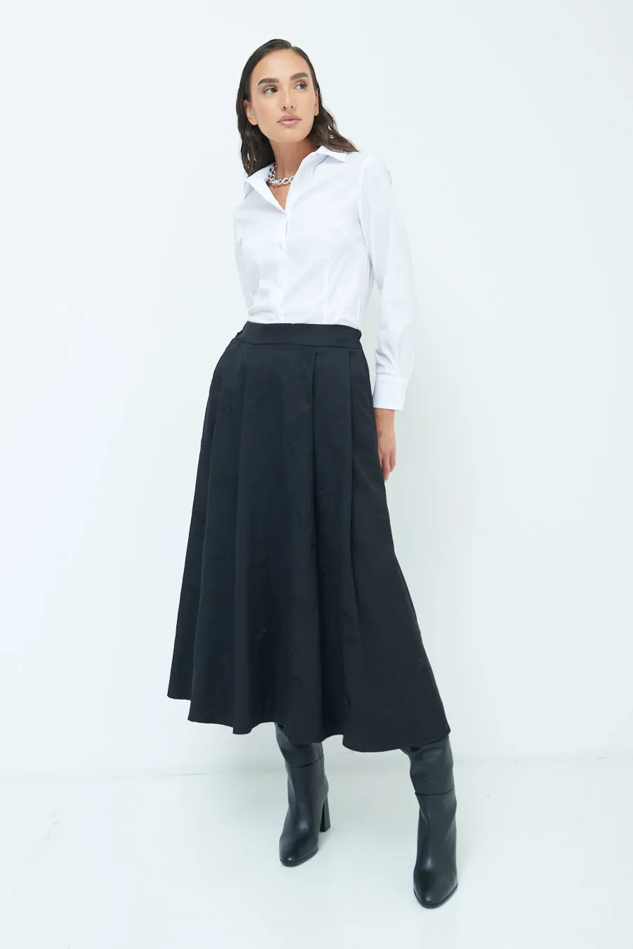 High-waisted flared midi skirt wholesale
