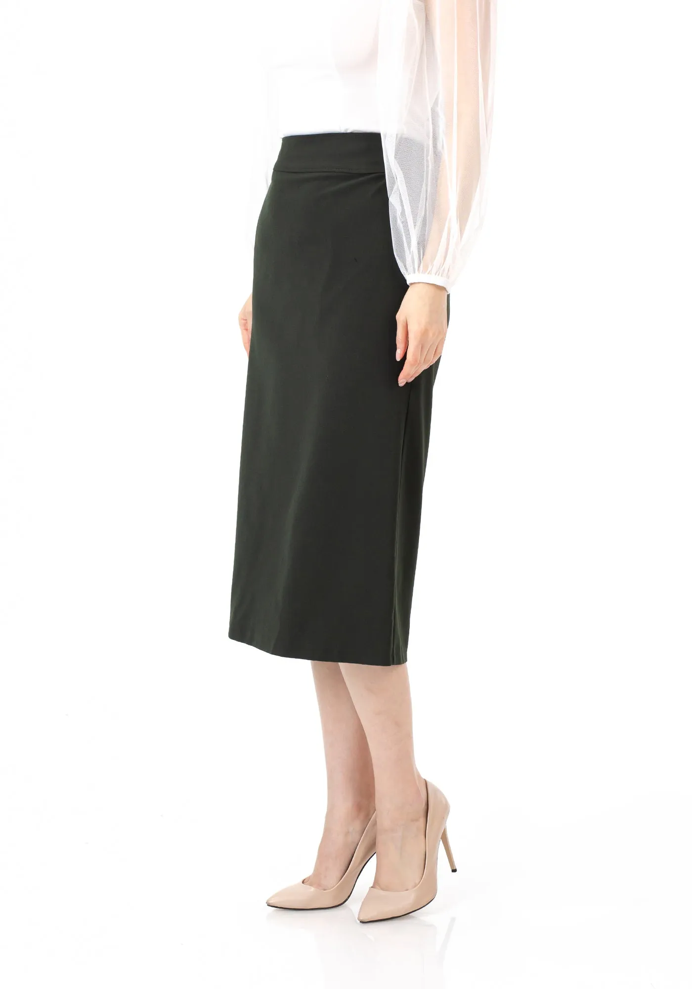 Khaki Back Vented Midi Pencil Skirt